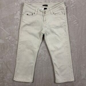 Request Jeans Women's Sz 5 Distressed Embellished Straight Pockets Beige Stretch